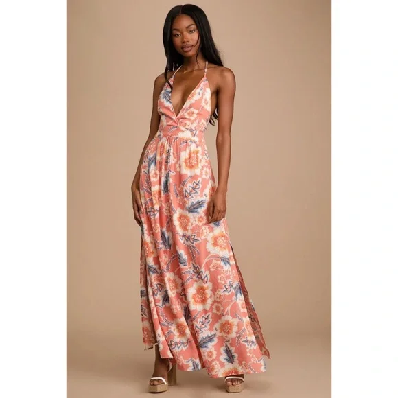 fitted lace wedding dress Caroline Coral Embellished Halter Neck Maxi Dress – Frock and Frill main image 1